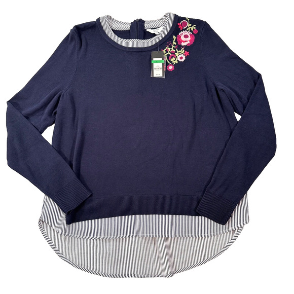 Crown & Ivy Layered Sweater Floral Embroidered Women's Large Navy Blue Stripe - Picture 1 of 9
